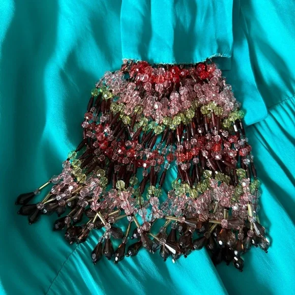 Alexis Teal Blue 100% Silk Long Sleeve Midi Dress with Beaded Sash Belt Size L - Picture 10 of 12